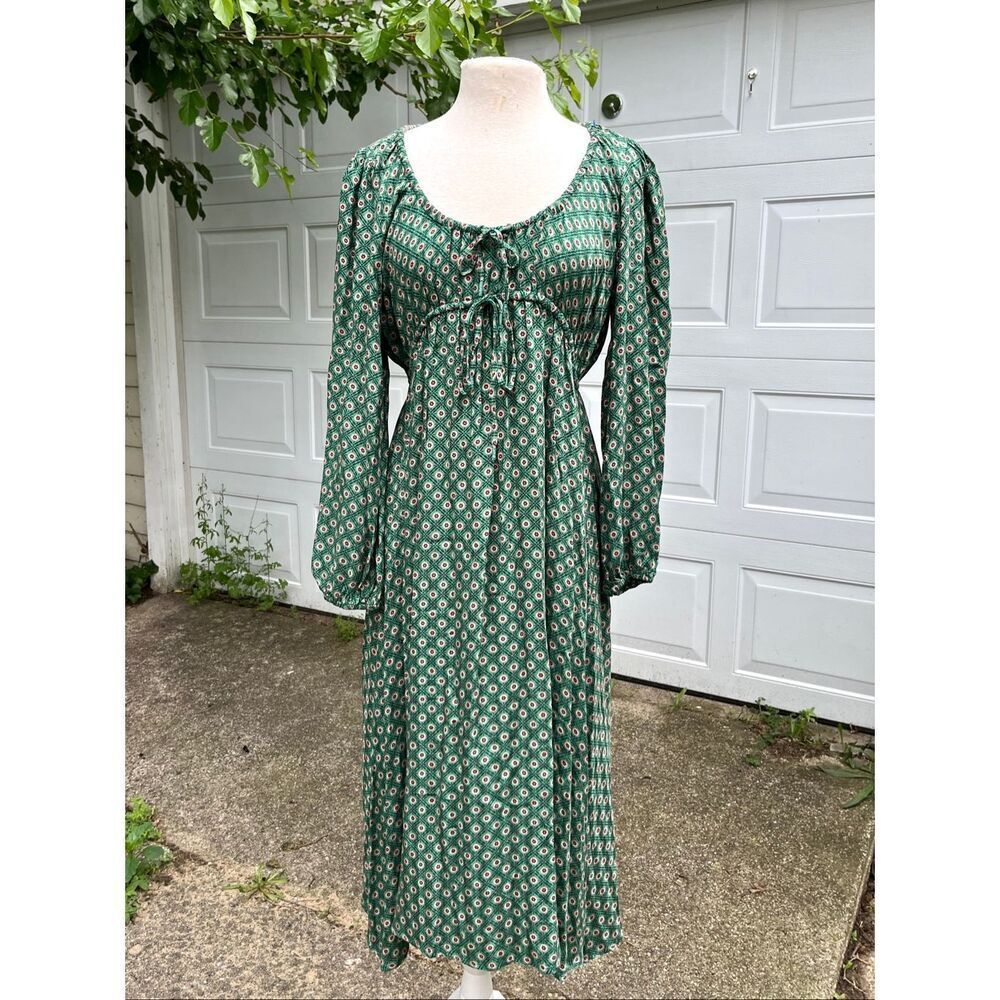 Anthropologie Adelaide Tie Front Midi Dress Green Boho Cottagecore Balloon Sleev - Picture 7 of 12